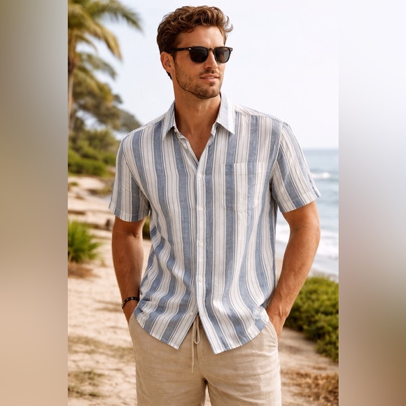 Even Tide Other - Even Tide Men’s Linen Cotton Striped Button Up Shirt Blue White Medium Resort